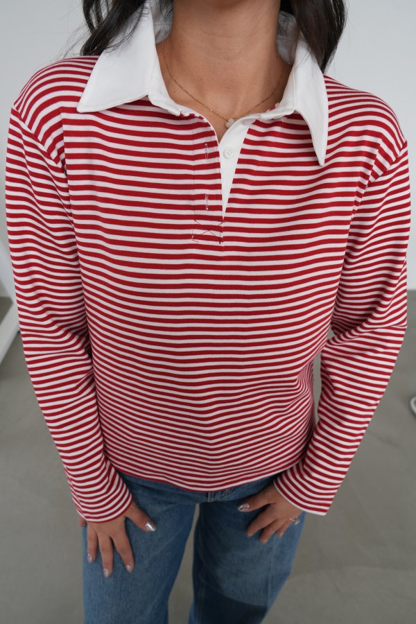 Polo Yaka Çizgili Uzun Kol Sweat