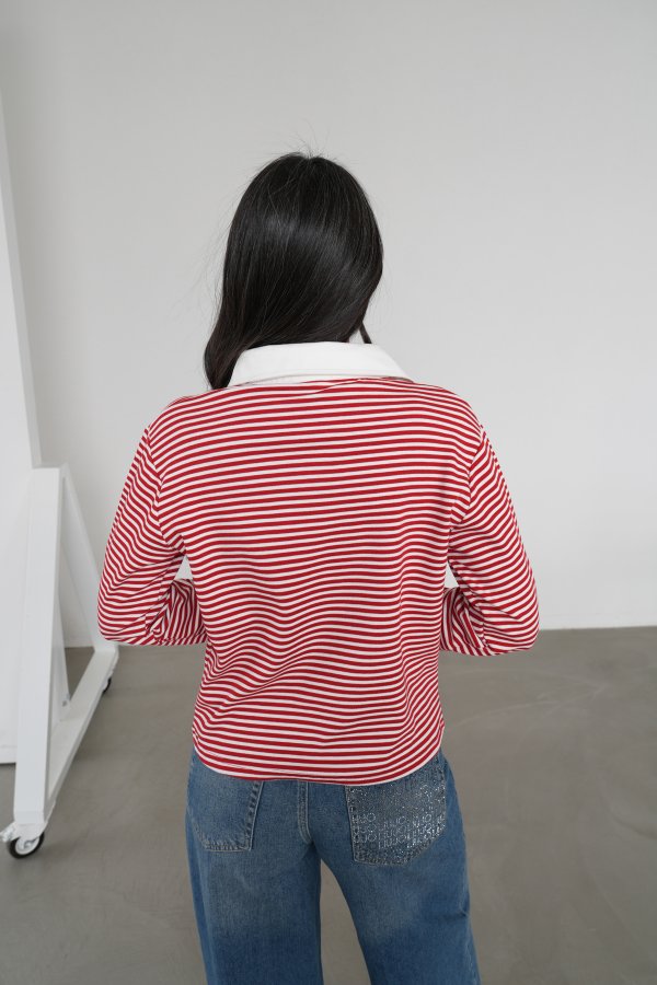 Polo Yaka Çizgili Uzun Kol Sweat