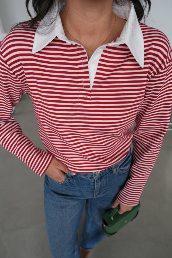 Polo Yaka Çizgili Uzun Kol Sweat