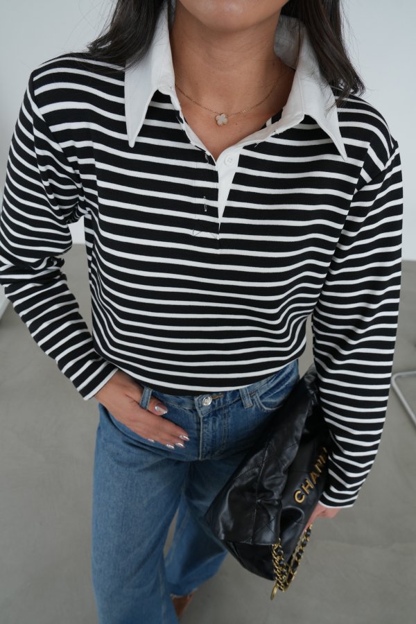 Polo Yaka Çizgili Uzun Kol Sweat