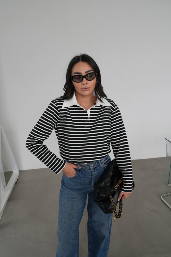 Polo Yaka Çizgili Uzun Kol Sweat