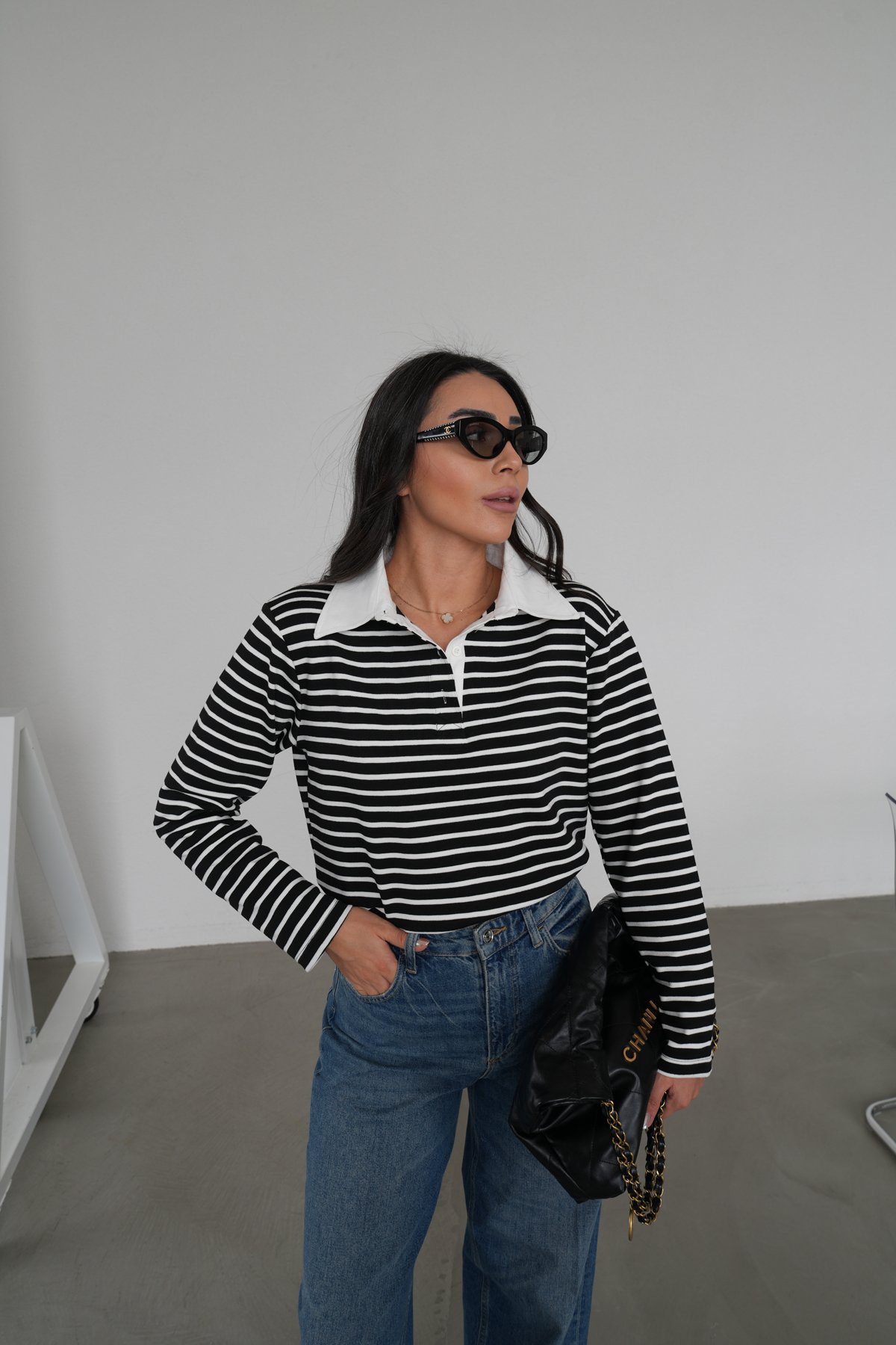 Polo Yaka Çizgili Uzun Kol Sweat