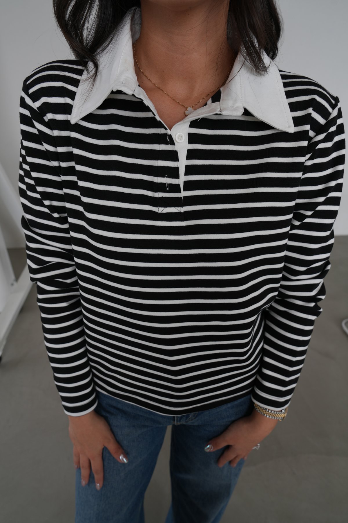 Polo Yaka Çizgili Uzun Kol Sweat