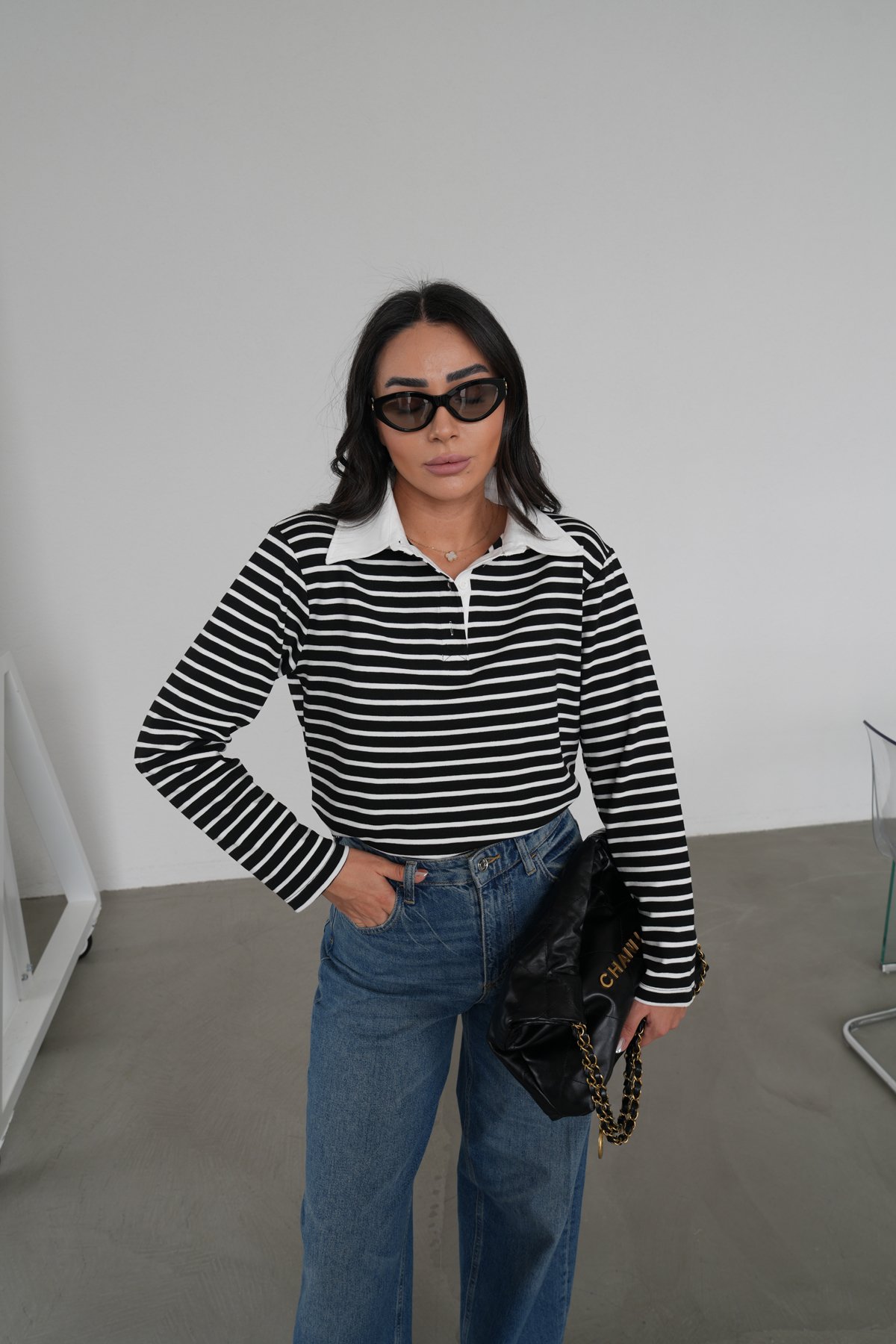 Polo Yaka Çizgili Uzun Kol Sweat