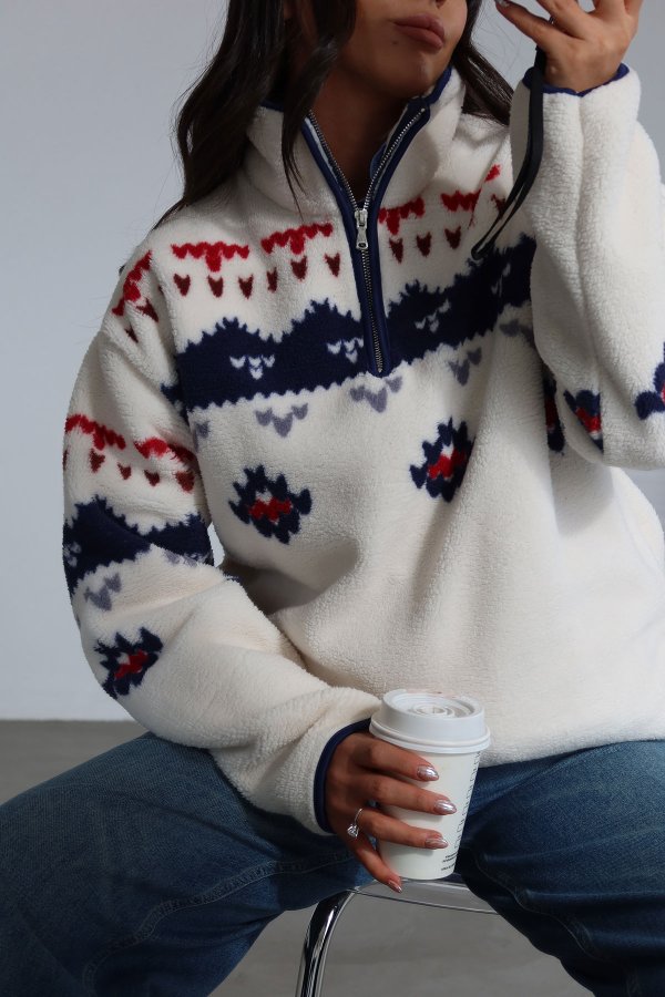 Yakası Fermuarlı Önü Desenli Peluş Sweat