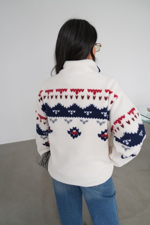 Yakası Fermuarlı Önü Desenli Peluş Sweat