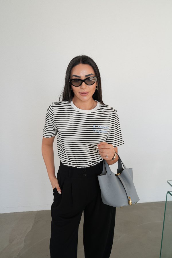 Yazı İşlemeli Çizgili Tshirt