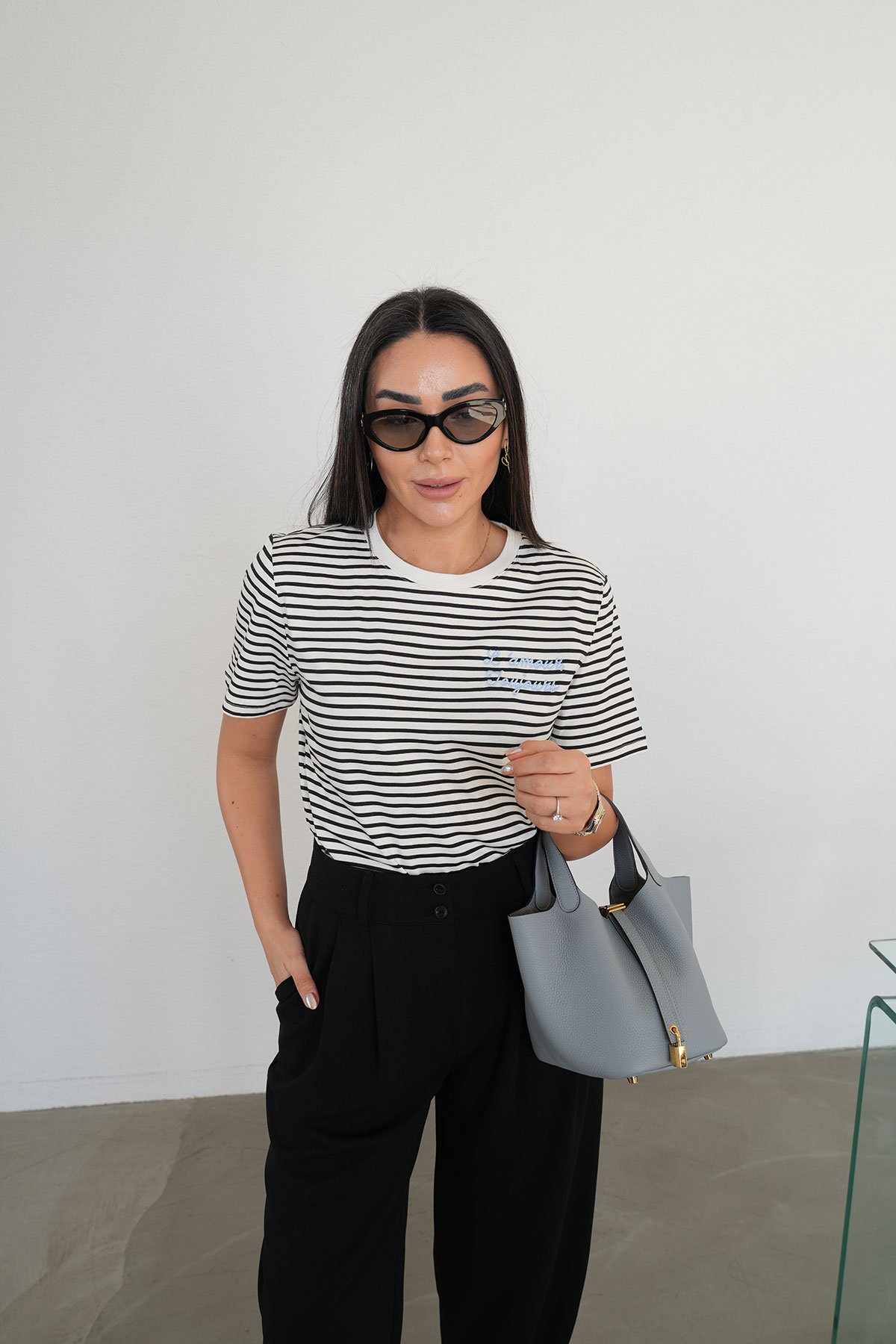 Yazı İşlemeli Çizgili Tshirt