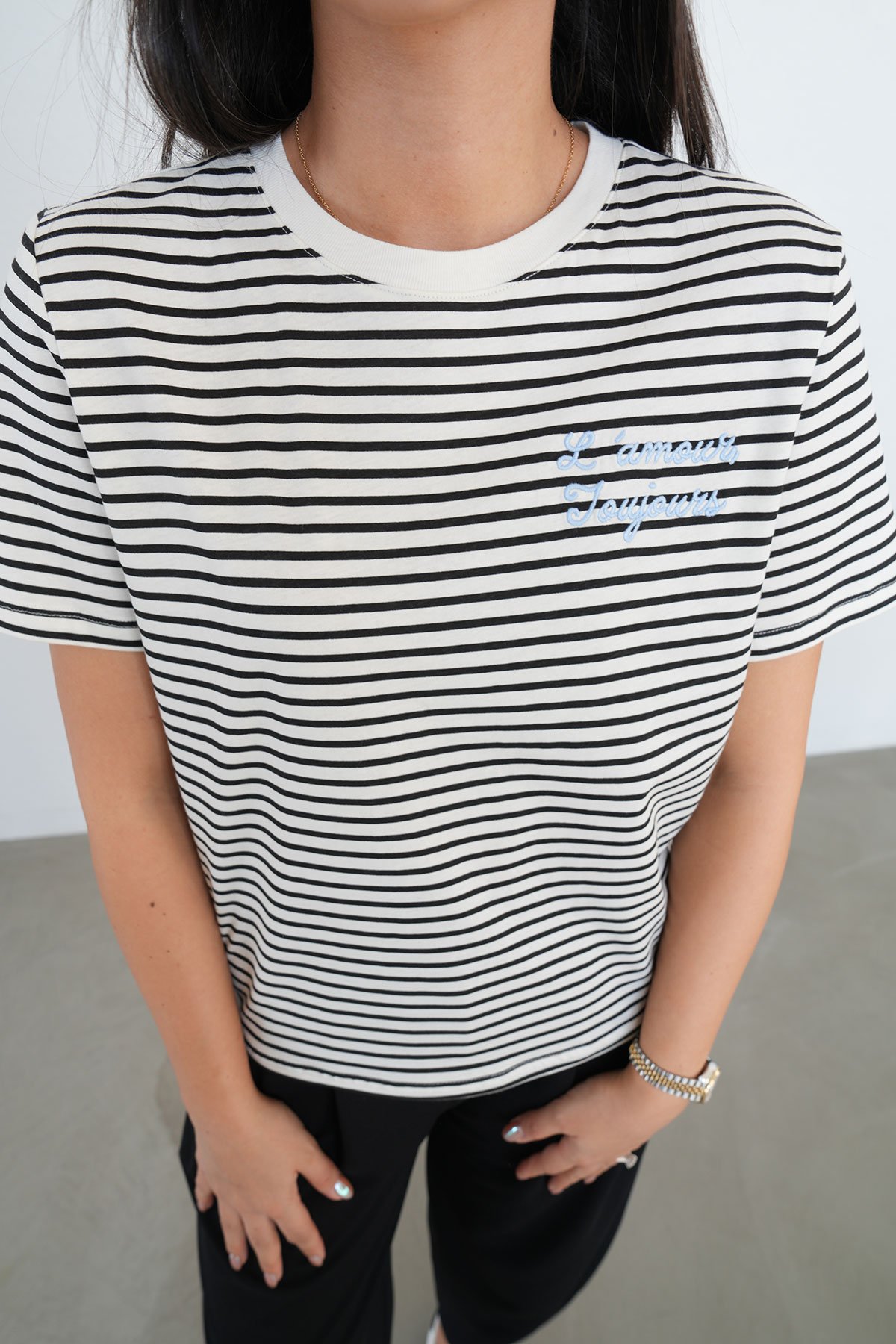 Yazı İşlemeli Çizgili Tshirt