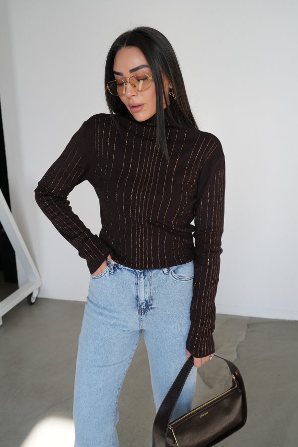 Balıkçı Yaka Taş Baskılı Triko Bluz