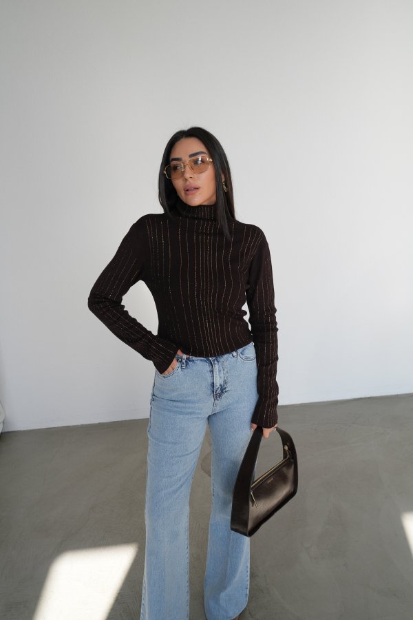 Balıkçı Yaka Taş Baskılı Triko Bluz