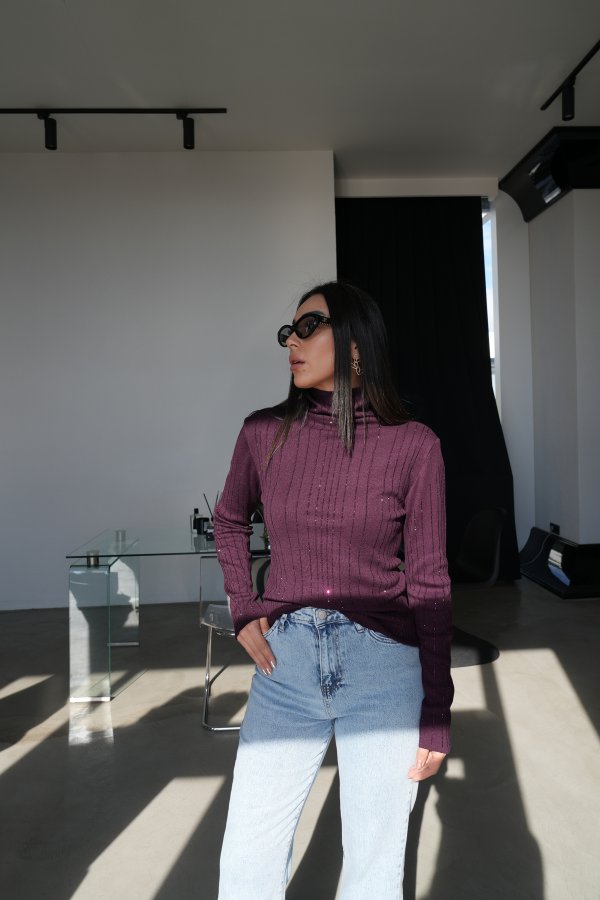 Balıkçı Yaka Taş Baskılı Triko Bluz