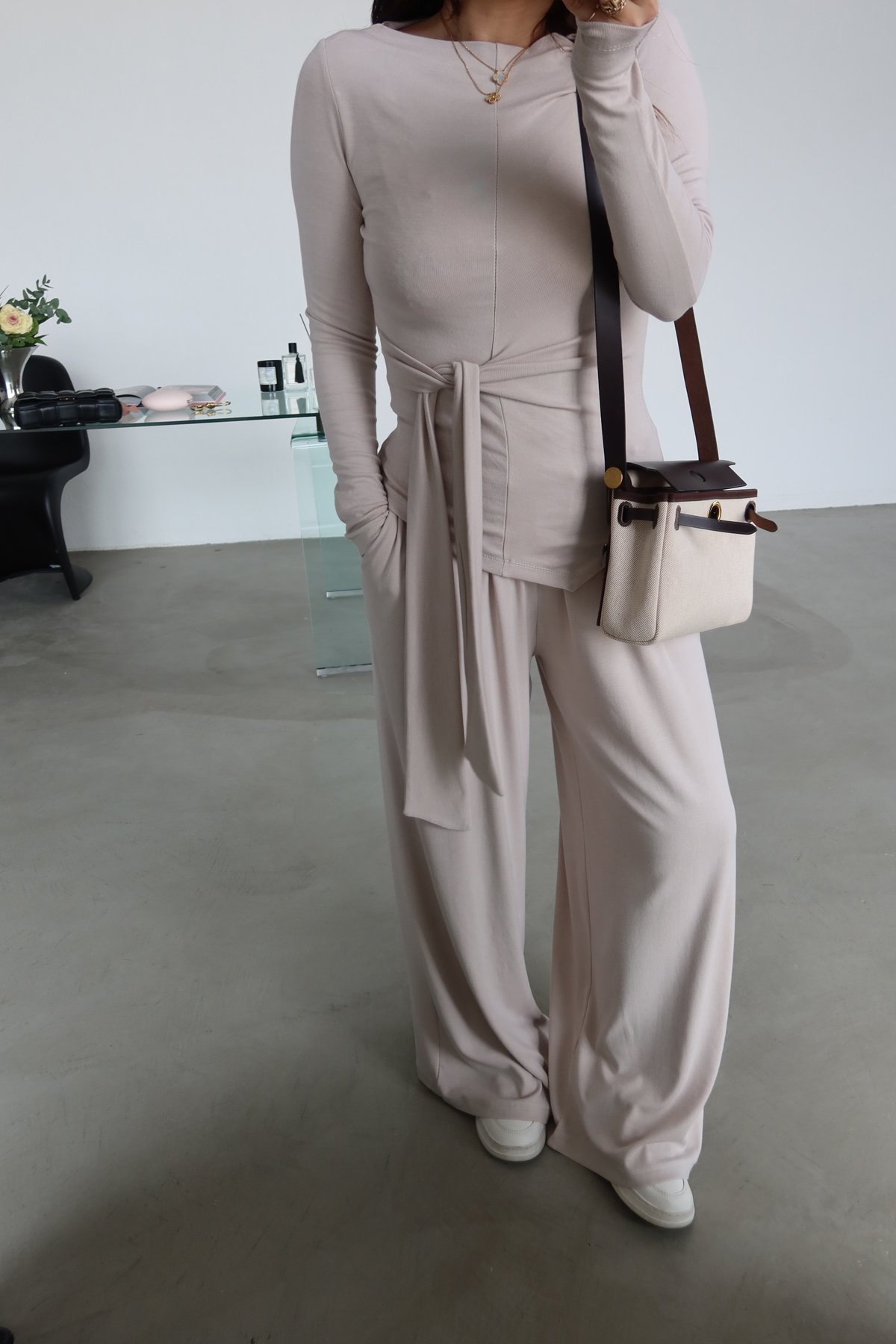 Kayık Yaka Önden Bağlamalı Bluz Eşofman Takım