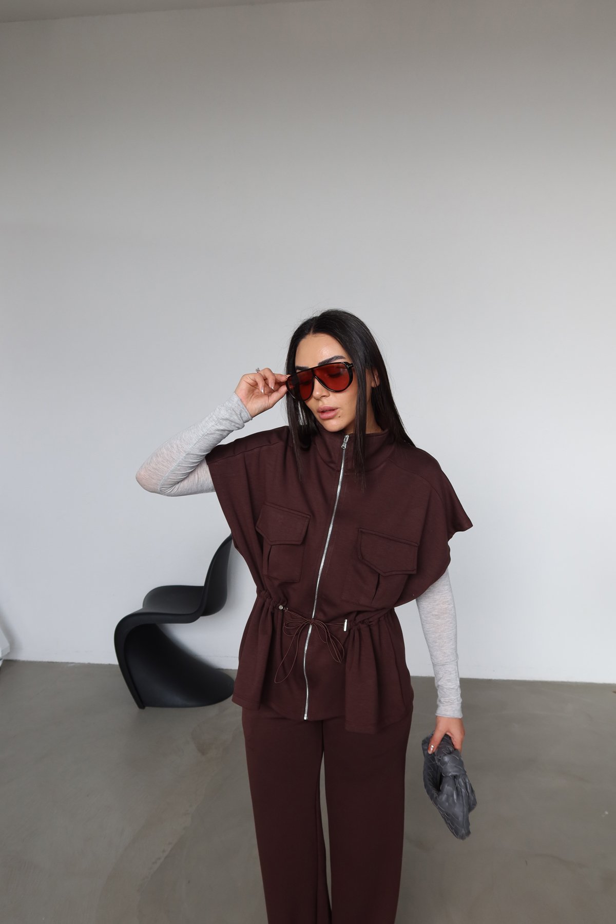 Çift Cepli Fermuarlı Modal Yelek Takım