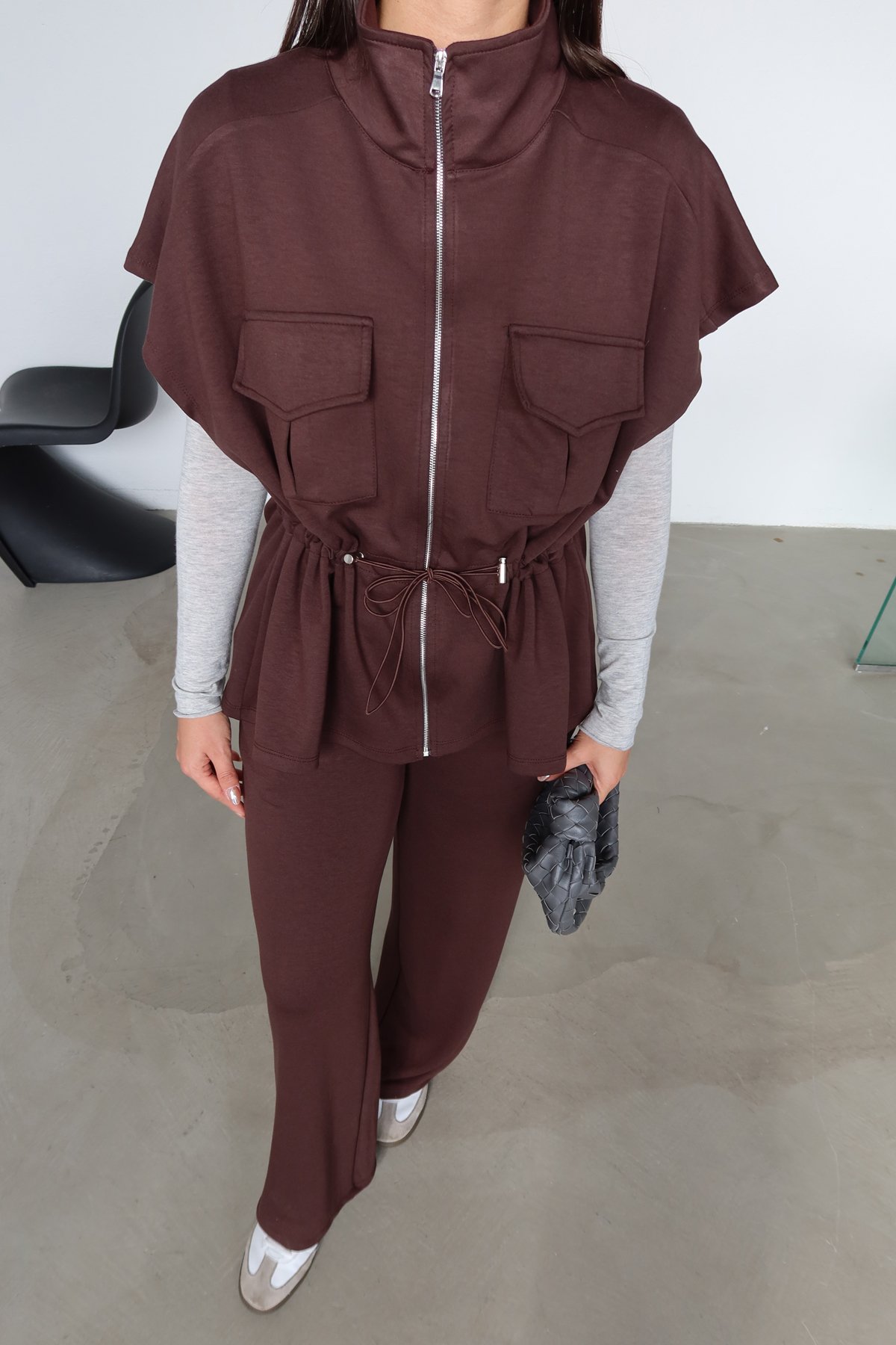 Çift Cepli Fermuarlı Modal Yelek Takım