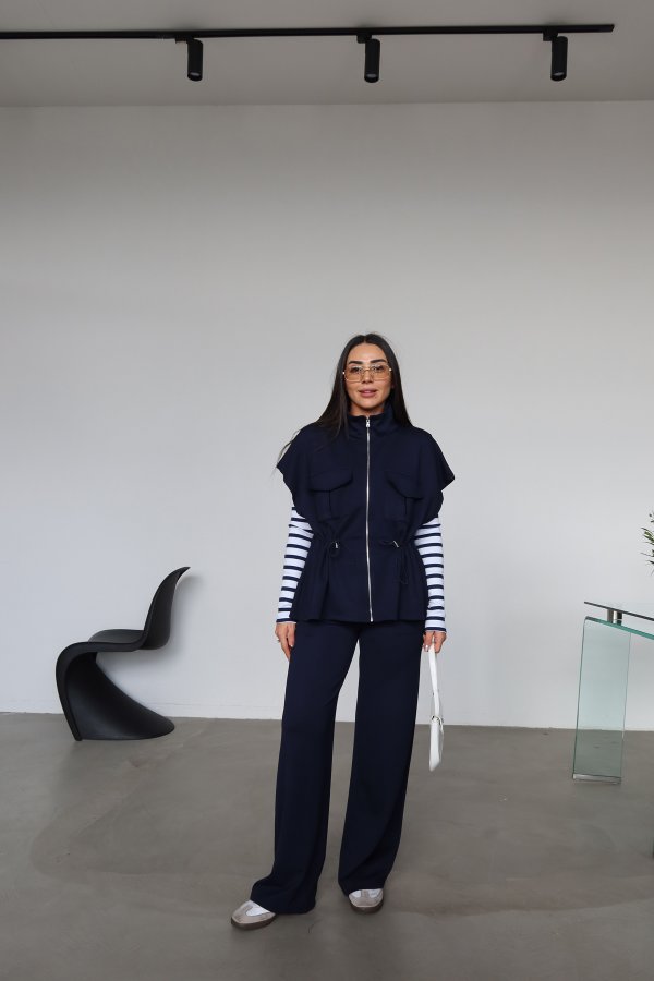 Çift Cepli Fermuarlı Modal Yelek Takım