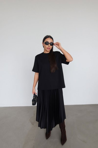 Tshirt Detaylı İnce Askılı Pileli Elbise