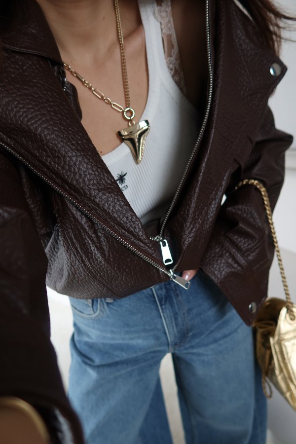 Kruvaze Yaka Beli Lastikli Biker Deri Ceket