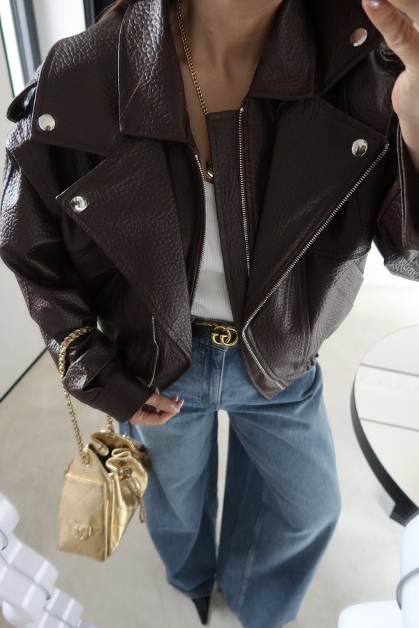 Kruvaze Yaka Beli Lastikli Biker Deri Ceket