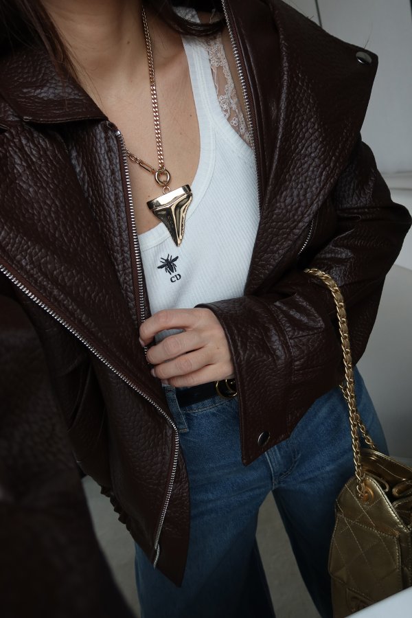 Kruvaze Yaka Beli Lastikli Biker Deri Ceket