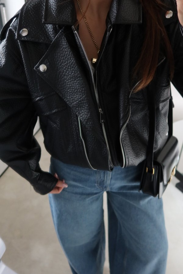 Kruvaze Yaka Beli Lastikli Biker Deri Ceket