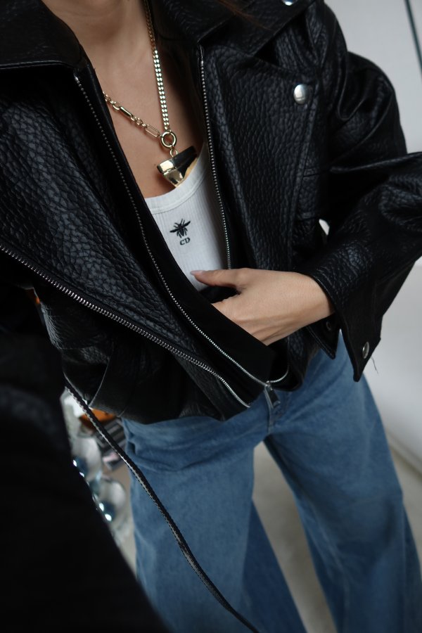 Kruvaze Yaka Beli Lastikli Biker Deri Ceket