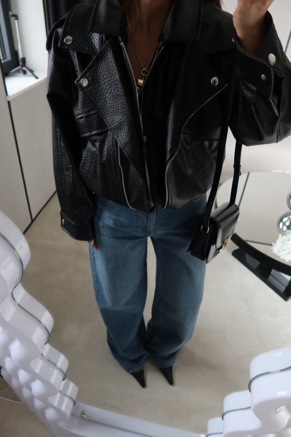 Kruvaze Yaka Beli Lastikli Biker Deri Ceket