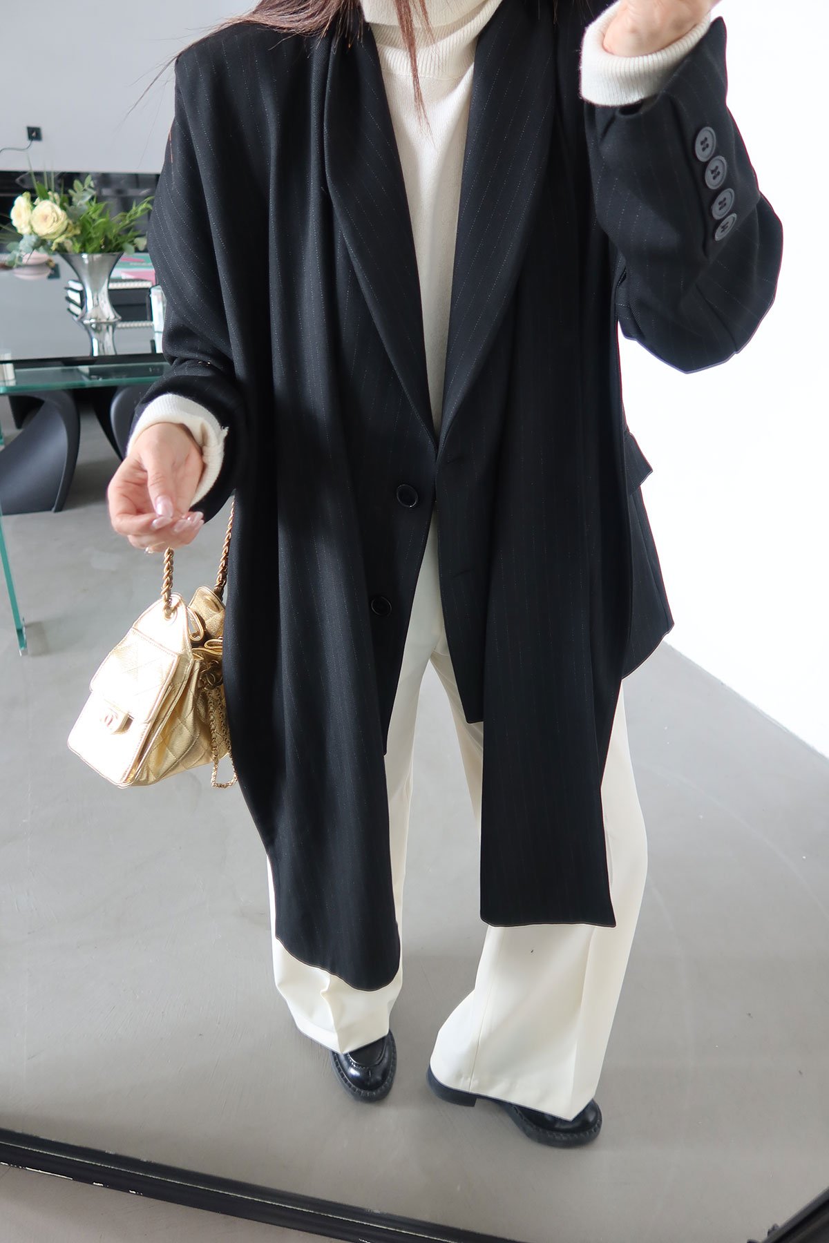 İnce Çizgili Şallı Ceket