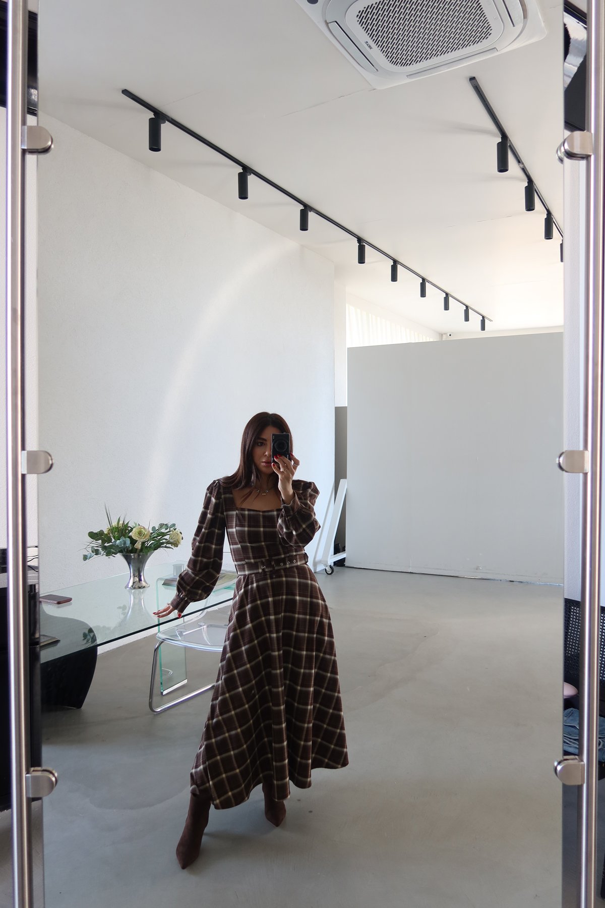 Kare Yaka Ekoseli Maxi Elbise