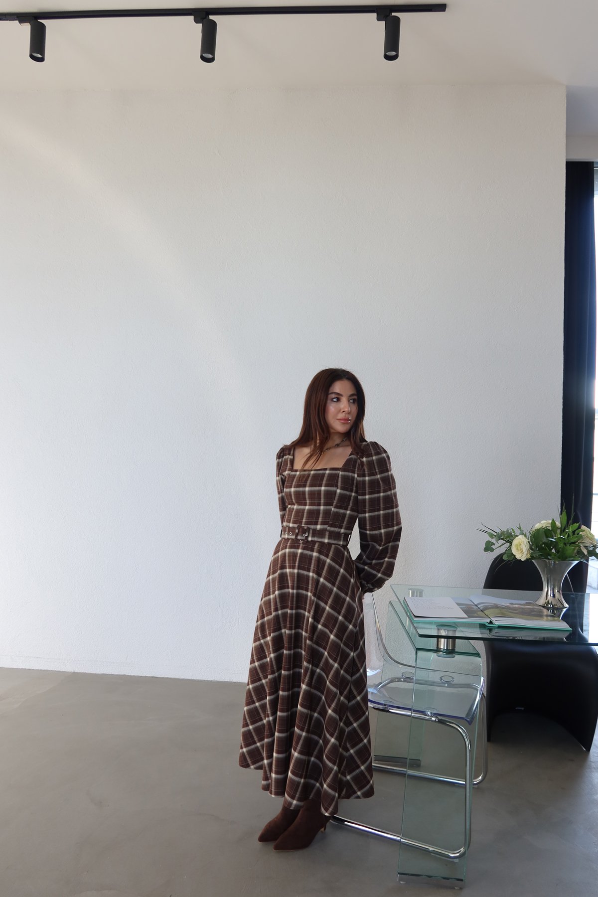 Kare Yaka Ekoseli Maxi Elbise