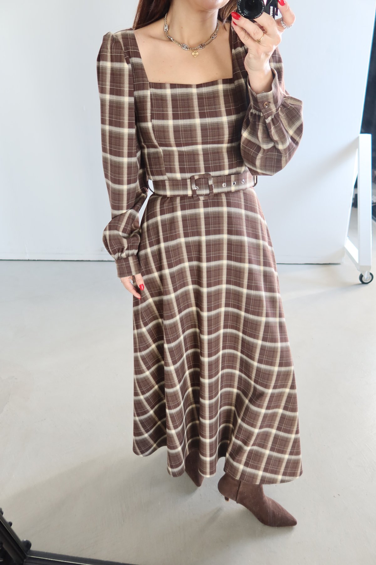 Kare Yaka Ekoseli Maxi Elbise