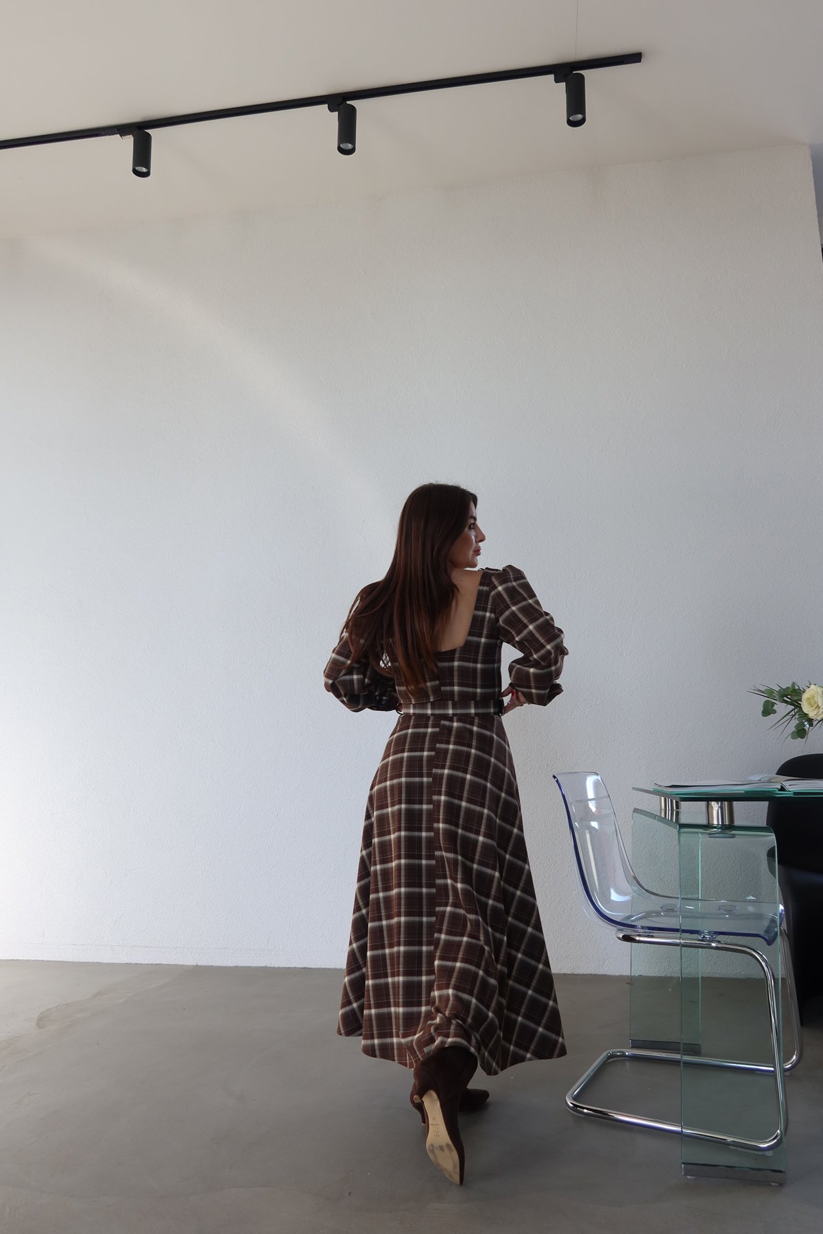 Kare Yaka Ekoseli Maxi Elbise