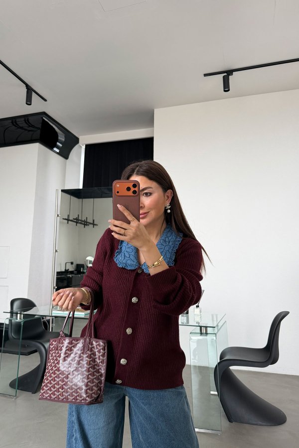 Yakası Denim Detaylı Oversize Hırka