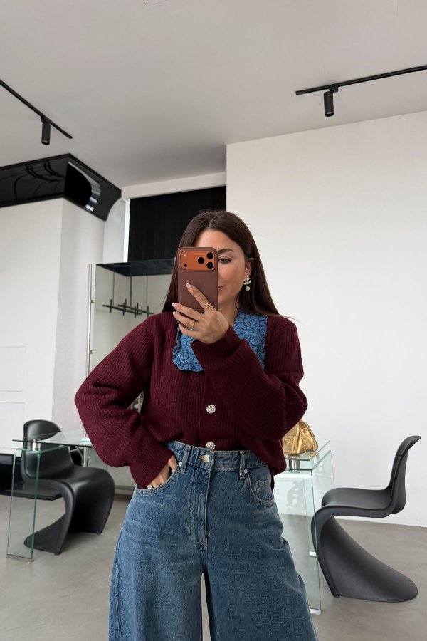 Yakası Denim Detaylı Oversize Hırka