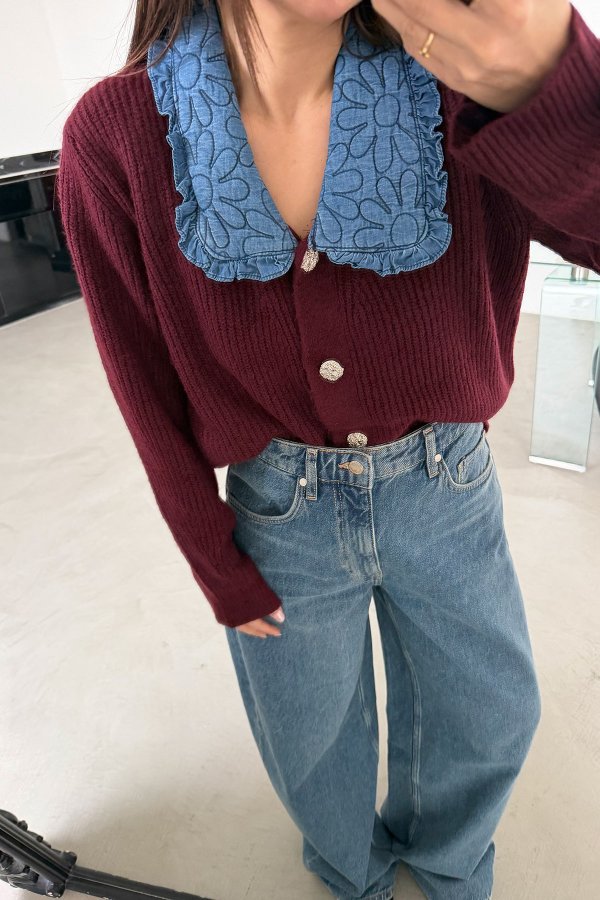 Yakası Denim Detaylı Oversize Hırka