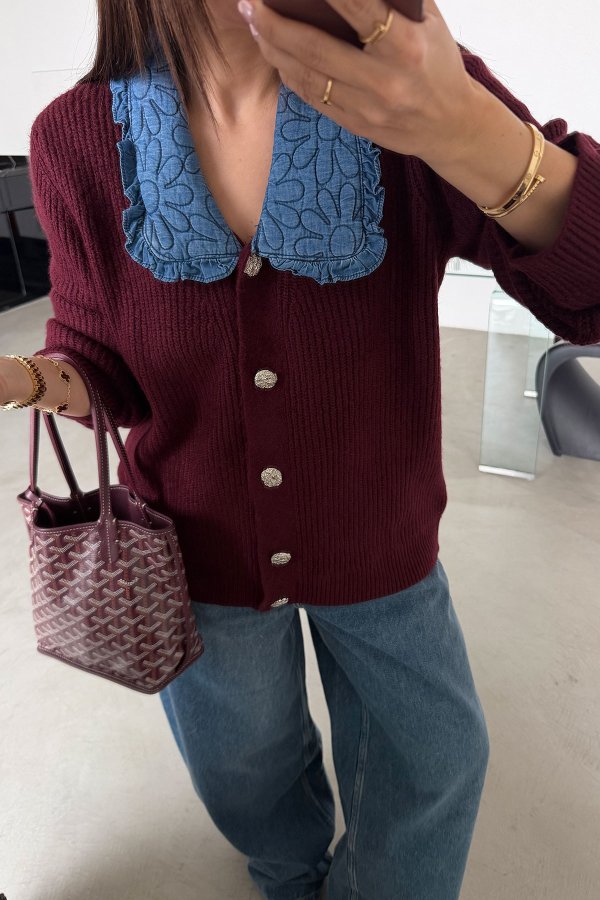 Yakası Denim Detaylı Oversize Hırka