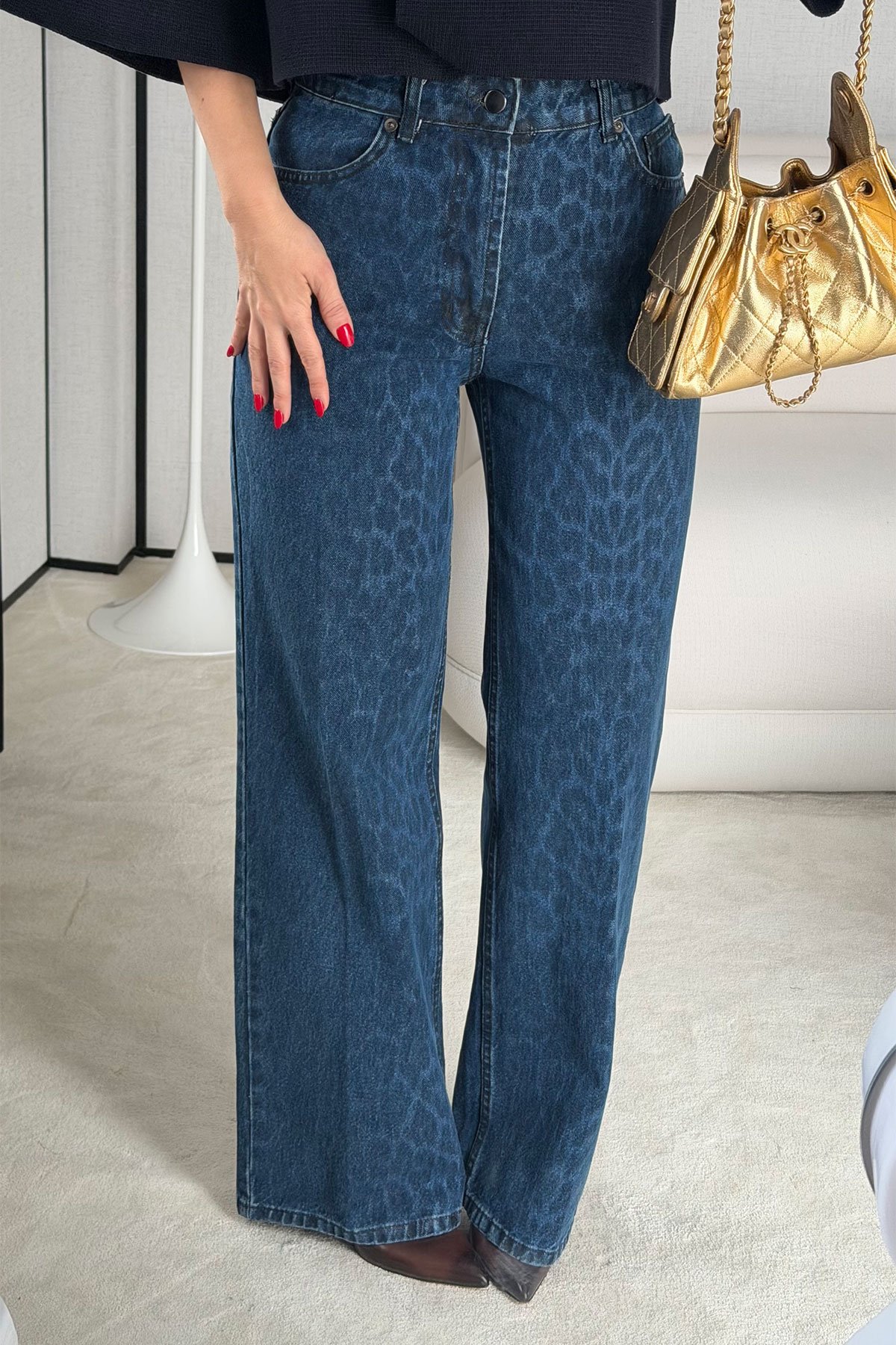 Leopar Desen Yüksek Bel Jean