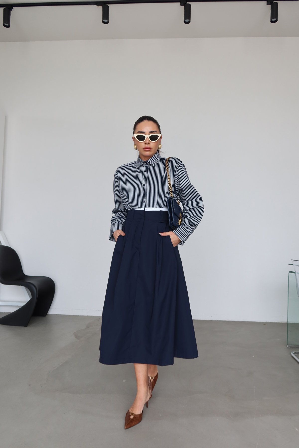 Beli Çift Görünümlü Pileli Kloş Etek