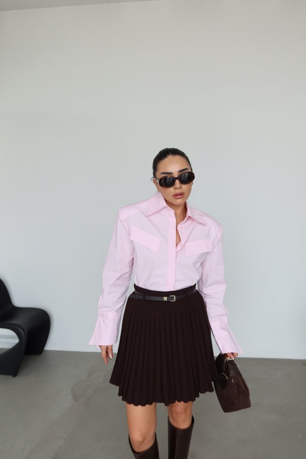 Pileli Kemerli Mini Şort Etek