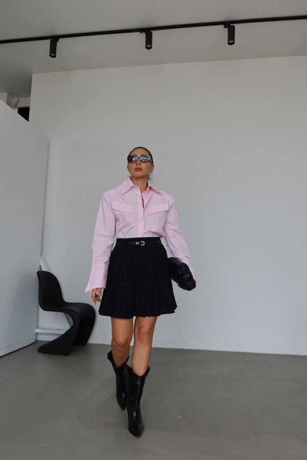 Pileli Kemerli Mini Şort Etek