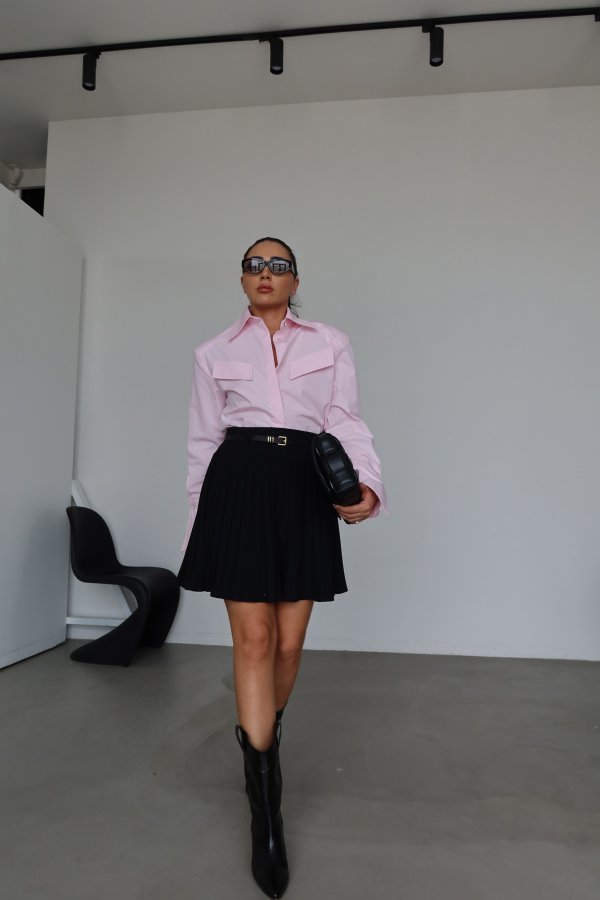 Pileli Kemerli Mini Şort Etek