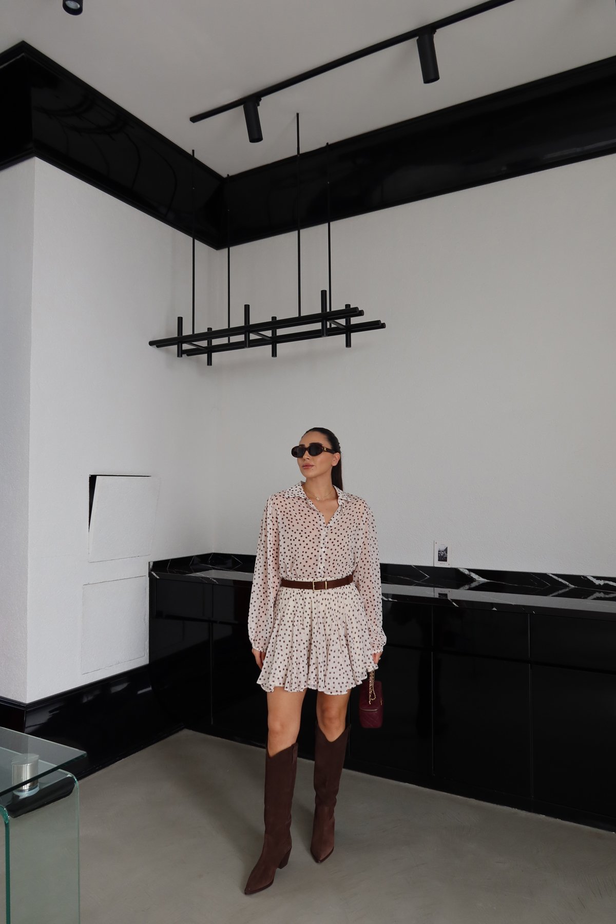 Puantiyeli Şifon Gömlek Etek Takım