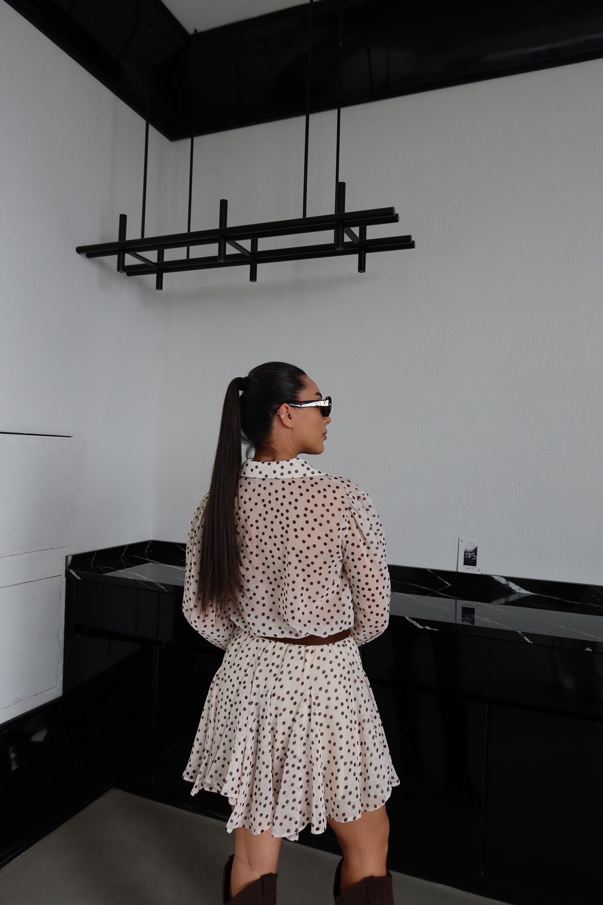 Puantiyeli Şifon Gömlek Etek Takım