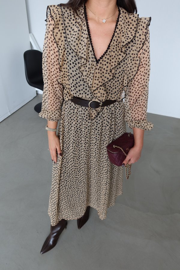 Fırfırlı Puantiyeli Kemerli Elbise