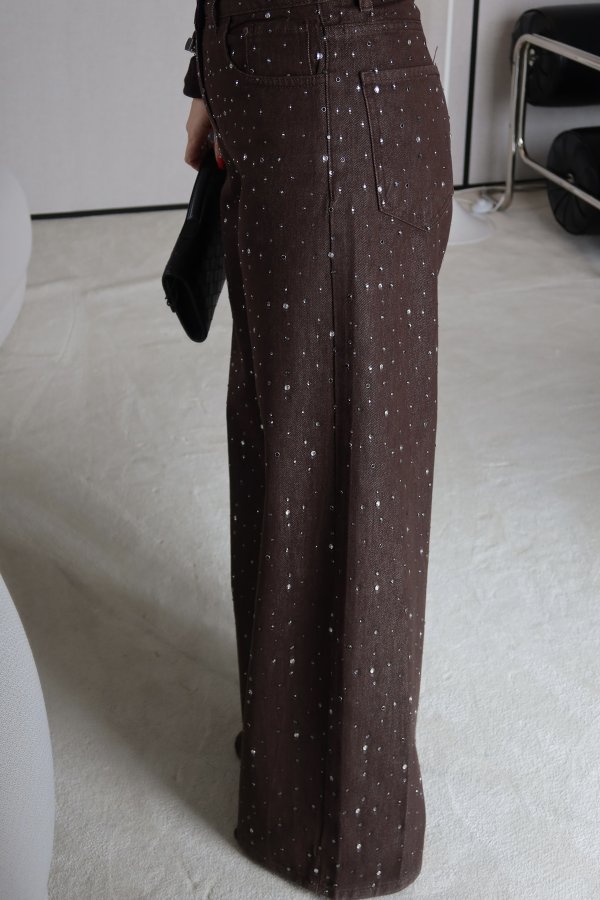 Taş Baskılı Bol Paça Denim Pantolon