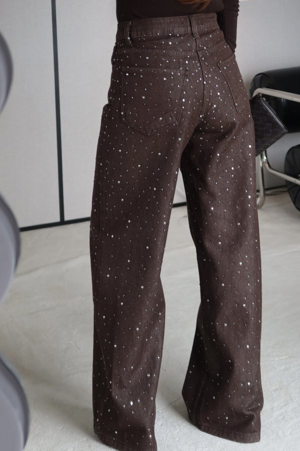 Taş Baskılı Bol Paça Denim Pantolon