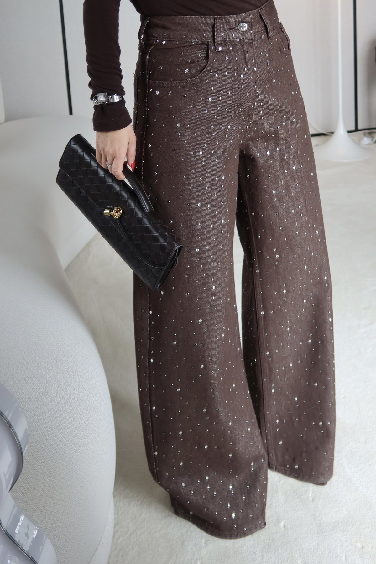 Taş Baskılı Bol Paça Denim Pantolon