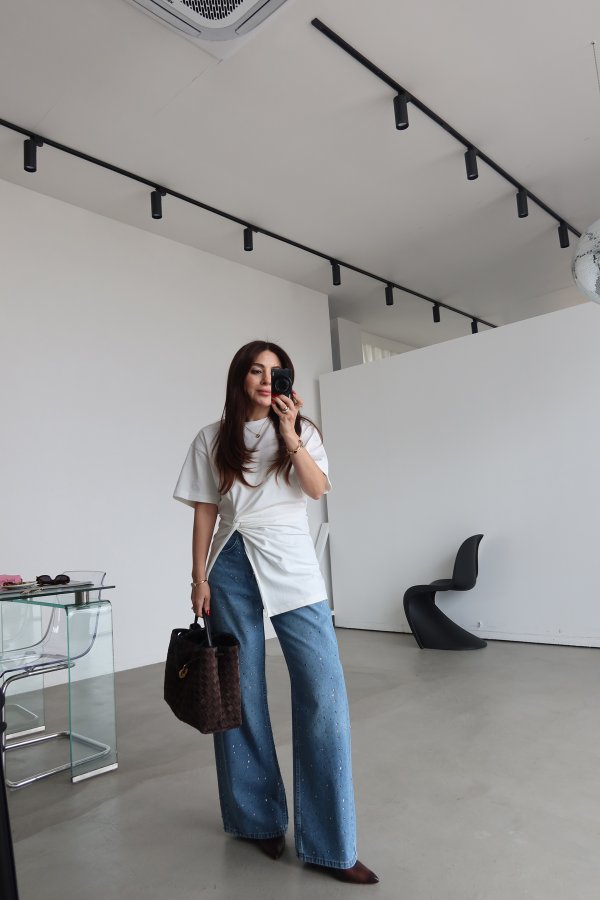 Taş Baskılı Bol Paça Denim Pantolon