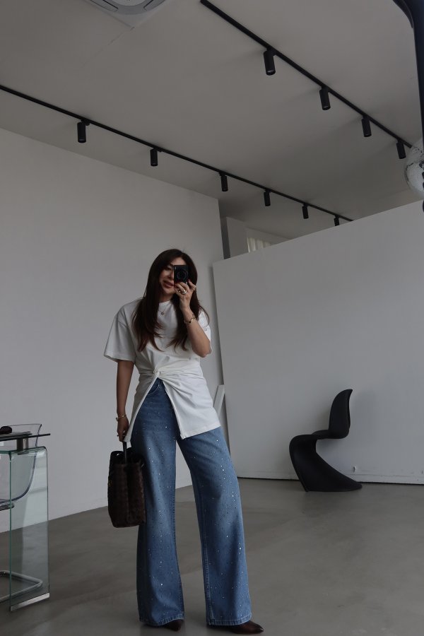 Taş Baskılı Bol Paça Denim Pantolon