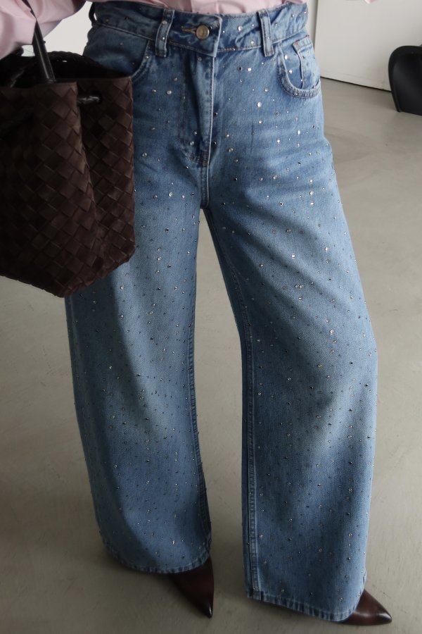 Taş Baskılı Bol Paça Denim Pantolon